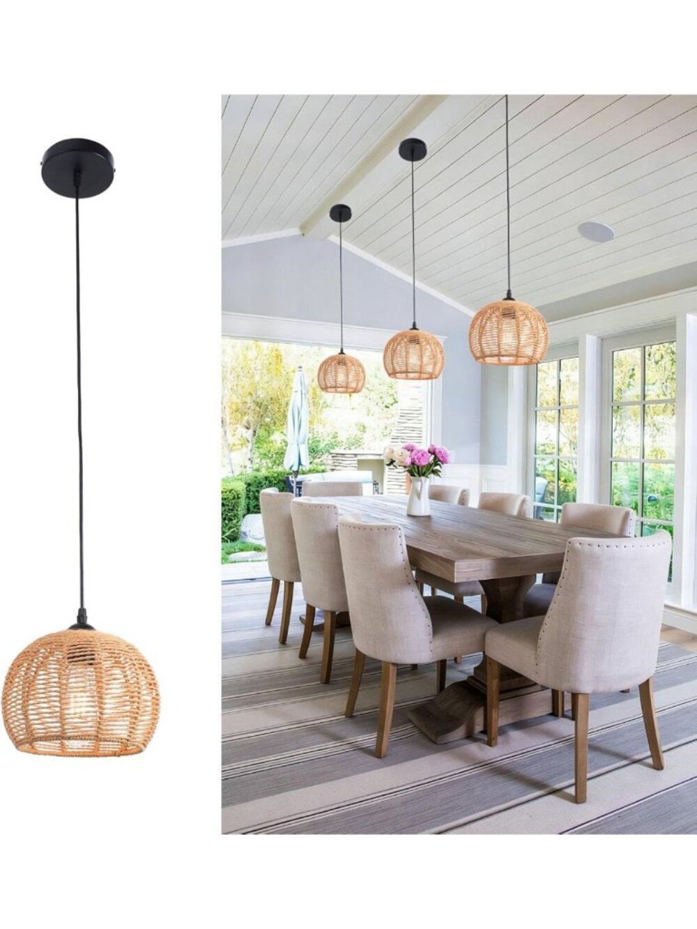 Boho Rattan Pendant Light Fixture, Adjustable Woven Chandelier for Kitchen